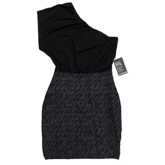 Express One Shoulder Black Cap Sleeve Pleated Cocktail Dress NWT - Picture 1 of 13